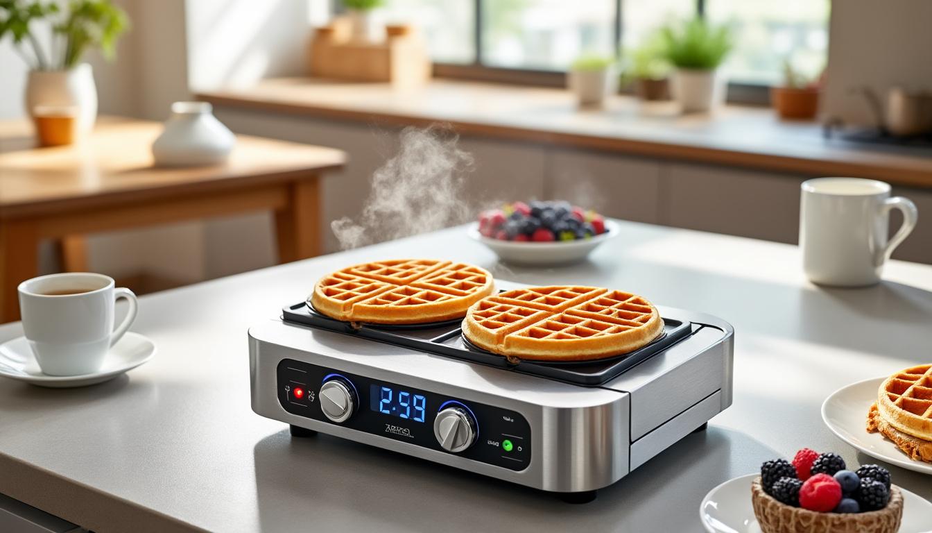 découvrez le gaufrier double à thermostat indépendant, l'appareil idéal pour les familles nombreuses qui souhaitent préparer facilement des gaufres savoureuses pour tous.